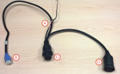 Blue molex-type, Deutsch 9-pin male, and Deutsch 9-pin female connectors. 