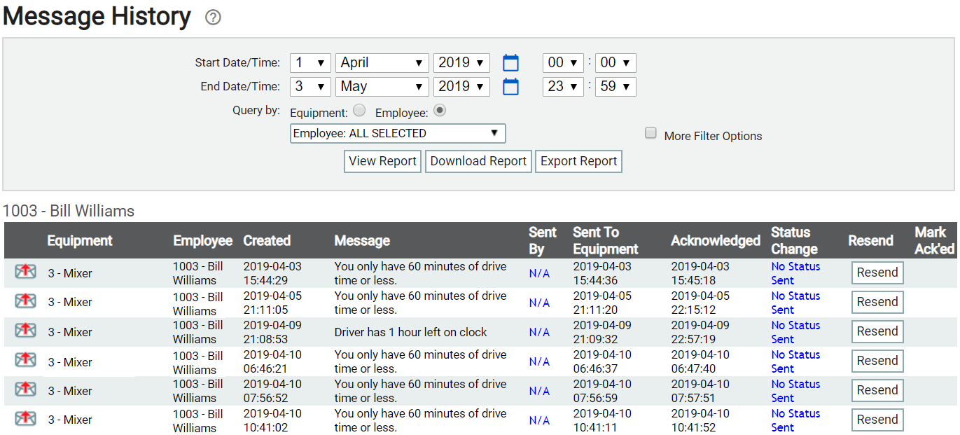 Message History Report | TrackIt Web Console