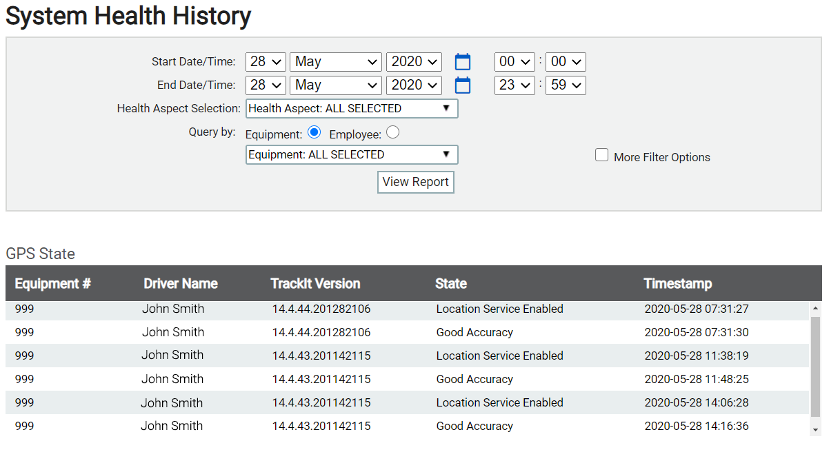System Health History Report | TrackIt Web Console